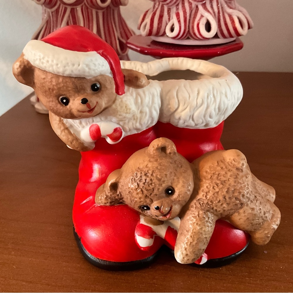 1998 Vintage Ceramic Festive Bear and Boot Figurine